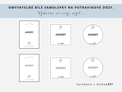Samolepka JAHODY na potravinové dózy, 3 velikosti, bílá, základní nebo tučné písmo, DomaLEP.