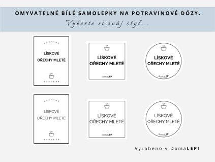 Samolepka LÍSKOVÉ OŘECHY MLETÉ na potravinové dózy, 3 velikosti, bílá, základní nebo tučné písmo, DomaLEP.