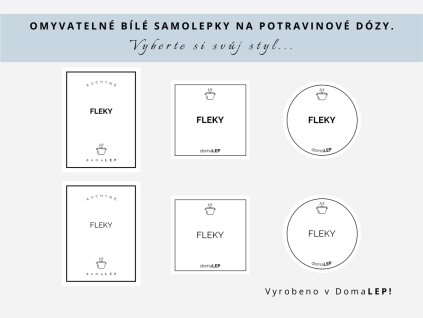 Samolepka FLEKY na potravinové dózy, 3 velikosti, bílá, základní nebo tučné písmo, DomaLEP.