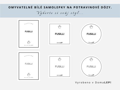 Samolepka FUSILLI na potravinové dózy, 3 velikosti, bílá, základní nebo tučné písmo, DomaLEP.