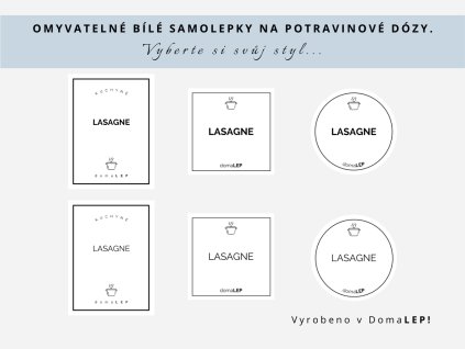 Samolepka LASAGNE na potravinové dózy, 3 velikosti, bílá, základní nebo tučné písmo, DomaLEP.