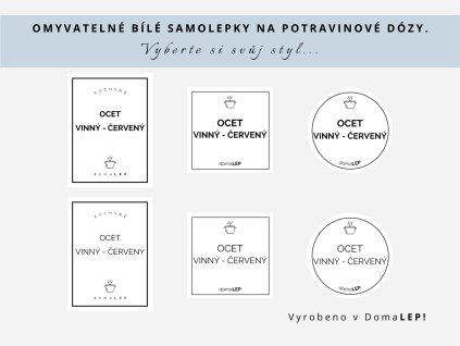 Samolepka OCET VINNÝ - ČERVENÝ na potravinové dózy, 3 velikosti, bílá, základní nebo tučné písmo, DomaLEP.