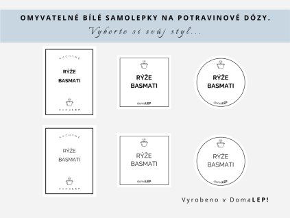 Samolepka RÝŽE BASMATI na potravinové dózy, 3 velikosti, průhledná, základní nebo tučné písmo, DomaLEP.