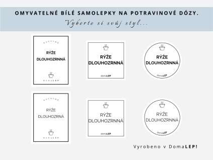 Samolepka RÝŽE DLOUHOZRNNÁ na potravinové dózy, 3 velikosti, průhledná, základní nebo tučné písmo, DomaLEP.