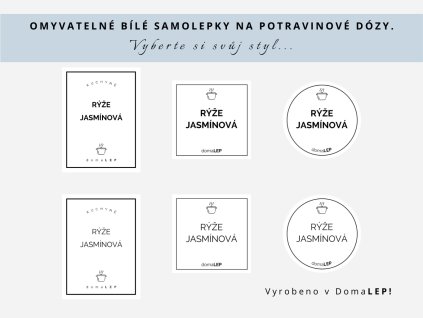 Samolepka RÝŽE JASMÍNOVÁ na potravinové dózy, 3 velikosti, průhledná, základní nebo tučné písmo, DomaLEP.
