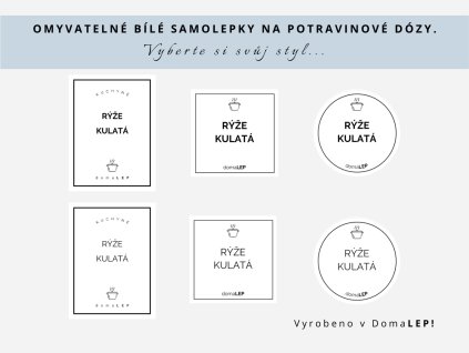 Samolepka RÝŽE KULATÁ na potravinové dózy, 3 velikosti, průhledná, základní nebo tučné písmo, DomaLEP.