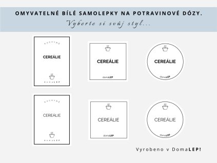 Samolepka CEREÁLIE na potravinové dózy, 3 velikosti, bílá, základní nebo tučné písmo, DomaLEP.