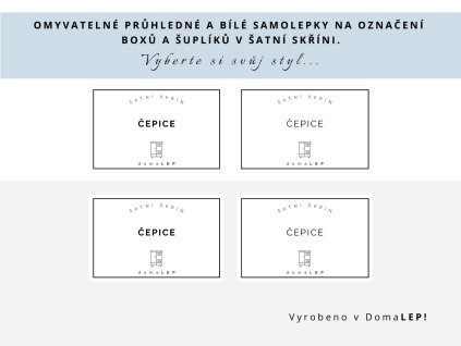 Samolepka ČEPICE na boxy a šuplíky do šatní skříně, 8,5 x 5,5 cm, bílá nebo průhledná, základní nebo tučné písmo, DomaLEP.