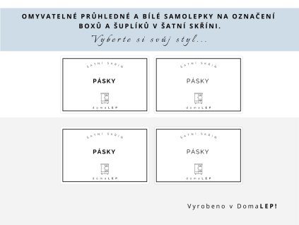 Samolepka PÁSKY na boxy a šuplíky do šatní skříně, 8,5 x 5,5 cm, bílá nebo průhledná, základní nebo tučné písmo, DomaLEP.