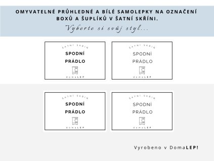 Samolepka SPODNÍ PRÁDLO na boxy a šuplíky do šatní skříně, 8,5 x 5,5 cm, bílá nebo průhledná, základní nebo tučné písmo, DomaLEP.