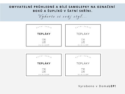 Samolepka TEPLÁKY na boxy a šuplíky do šatní skříně, 8,5 x 5,5 cm, bílá nebo průhledná, základní nebo tučné písmo, DomaLEP.