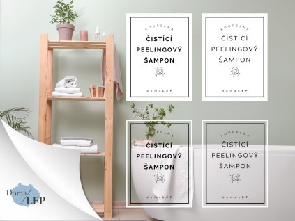 ČISTÍCÍ PEELINGOVÝ ŠAMPON (ŽENA) omyvatelná samolepka na kosmetiku, rozměr 6x8 cm, základní a tučné písmo, bílá a průhledná varianta DomaLEP