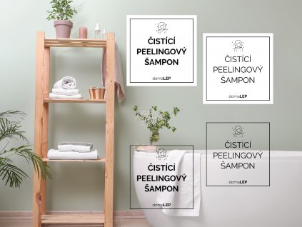 ČISTÍCÍ PEELINGOVÝ ŠAMPON (ŽENA) omyvatelná samolepka na kosmetiku, čtverec, základní a tučné písmo, bílá a průhledná varianta | domaLEP. Vhodná pro lahvičky, dózy a kelímky ze skla, plastu i keramiky, odolná vůči vodě a častému mytí.