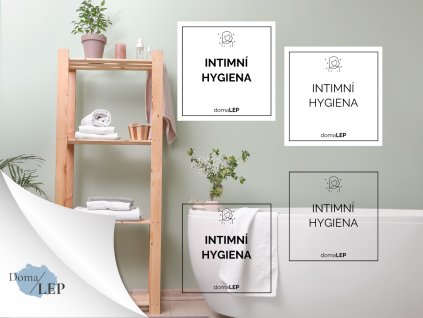 INTIMNÍ HYGIENA omyvatelná samolepka na kosmetiku, rozměr 5x5 cm, základní a tučné písmo, bílá a průhledná varianta DomaLEP
