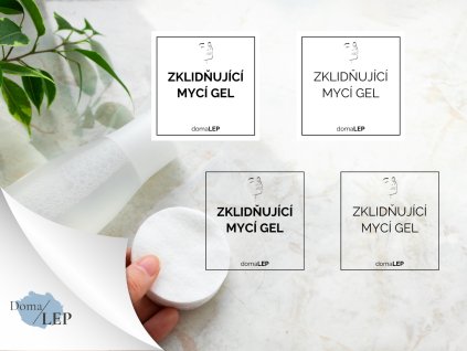 ZKLIDŇUJÍCÍ MYCÍ GEL omyvatelná samolepka na kosmetiku, rozměr 5x5 cm, základní a tučné písmo, bílá a průhledná varianta DomaLEP