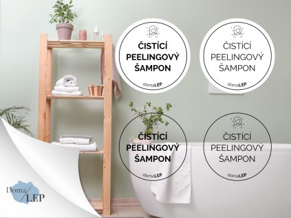ČISTÍCÍ PEELINGOVÝ ŠAMPON (ŽENA) omyvatelná samolepka na kosmetiku, průměr 5 cm, základní a tučné písmo, bílá a průhledná varianta DomaLEP