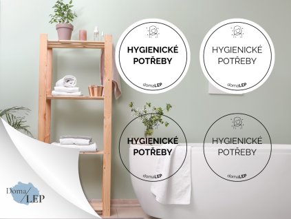 HYGIENICKÉ POTŘEBY omyvatelná samolepka na kosmetiku, průměr 5 cm, základní a tučné písmo, bílá a průhledná varianta DomaLEP