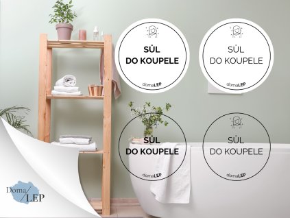 SŮL DO KOUPELE omyvatelná samolepka na kosmetiku, průměr 5 cm, základní a tučné písmo, bílá a průhledná varianta DomaLEP