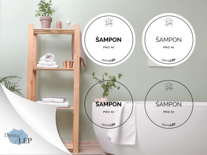 ŠAMPON (PRO NI) omyvatelná samolepka na kosmetiku, průměr 5 cm, základní a tučné písmo, bílá a průhledná varianta DomaLEP
