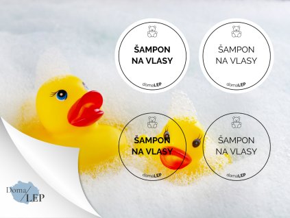 ŠAMPON NA VLÁSKY omyvatelná samolepka na kosmetiku, průměr 5 cm, základní a tučné písmo, bílá a průhledná varianta DomaLEP