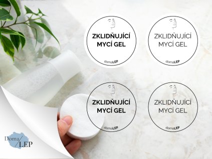 ZKLIDŇUJÍCÍ MYCÍ GEL omyvatelná samolepka na kosmetiku, průměr 5 cm, základní a tučné písmo, bílá a průhledná varianta DomaLEP