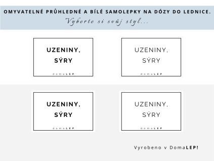 Samolepka UZENINY, SÝRY s rámečkem, 6x4 cm, bílá a průhledná, DomaLEP.