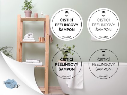 ČISTÍCÍ PEELINGOVÝ ŠAMPON (MUŽ) omyvatelná samolepka na kosmetiku, průměr 4,5 cm, základní a tučné písmo, bílá a průhledná varianta DomaLEP