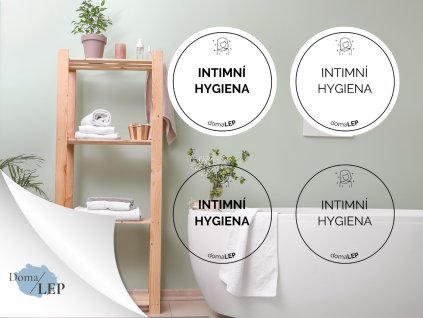 INTIMNÍ HYGIENA omyvatelná samolepka na kosmetiku, průměr 4,5 cm, základní a tučné písmo, bílá a průhledná varianta DomaLEP