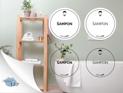 ŠAMPON (MUŽ) omyvatelná samolepka na kosmetiku, průměr 4,5 cm, základní a tučné písmo, bílá a průhledná varianta DomaLEP