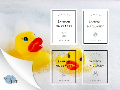 ŠAMPON NA VLÁSKY omyvatelná samolepka na kosmetiku, rozměr 4x6 cm, základní a tučné písmo, bílá a průhledná varianta DomaLEP