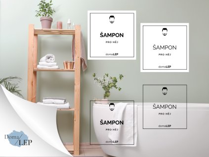 ŠAMPON (PRO NĚJ) omyvatelná samolepka na kosmetiku, rozměr 3x3 cm, základní a tučné písmo, bílá a průhledná varianta DomaLEP
