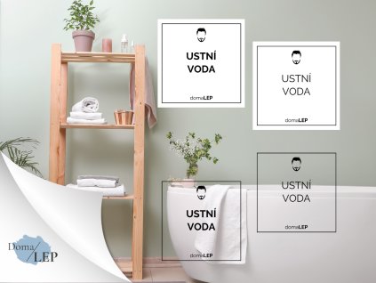 ÚSTNÍ VODA (MUŽ) omyvatelná samolepka na kosmetiku, rozměr 3x3 cm, základní a tučné písmo, bílá a průhledná varianta DomaLEP
