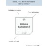 MOUKA KOKOSOVÁ 5 × 5 cm – průhledná vinylová, voděodolná, omyvatelná samolepka na dózy, tučné písmo