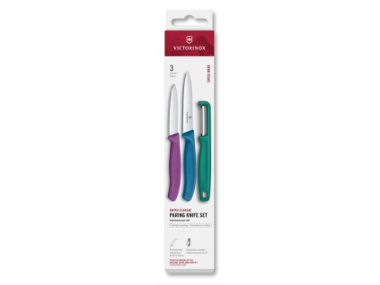 Swiss Classic, paring knife set with I-peeler, 3pcs, green/purple/blue, box