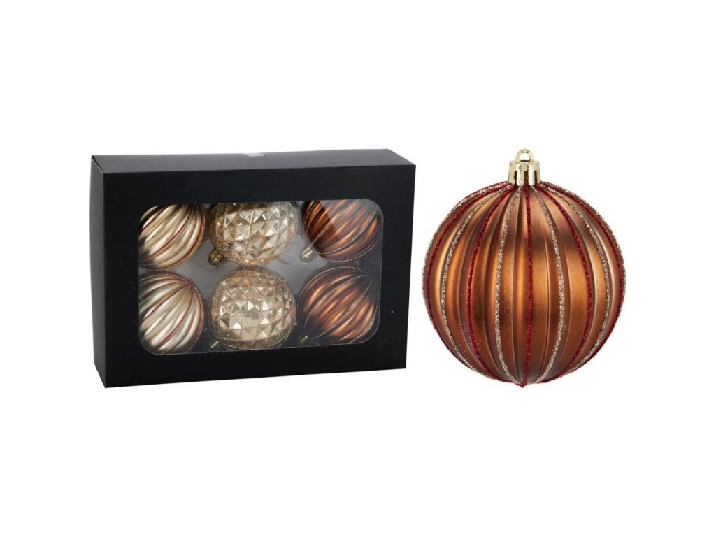 Vianočné gule hnedé, plast, 8 cm, 6 ks