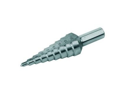 8265 vrtak stupnovity 4 20mm stupnovanie 2mm 9 otvorov stopka pr 8mm dlzka 75mm hss din 1412c extol 8801162