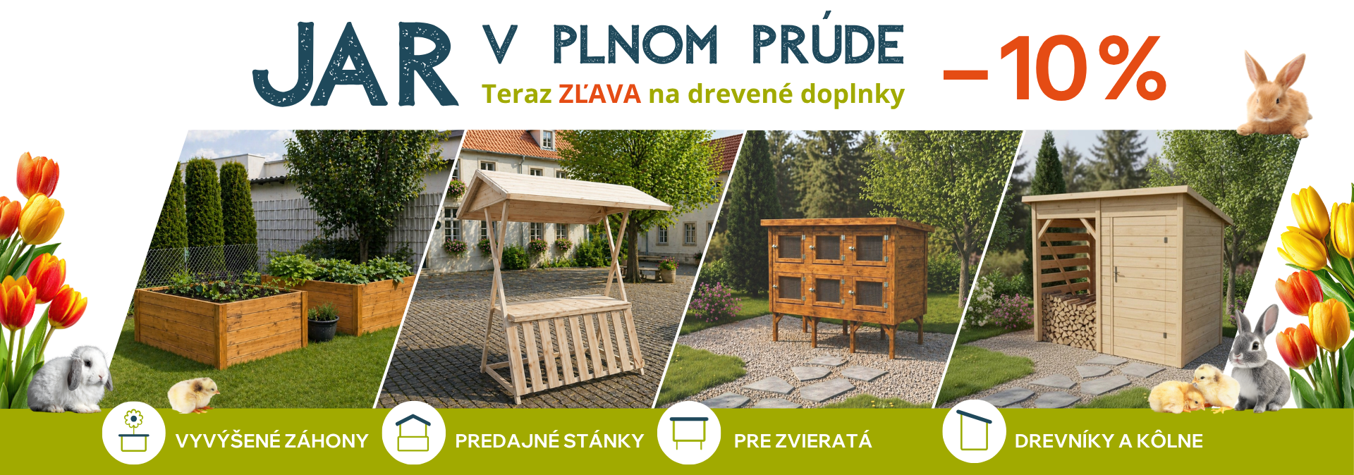 Zľavy na vyvýšené záhony, predajné stánky, prístrešky pre zvieratá a drevníky