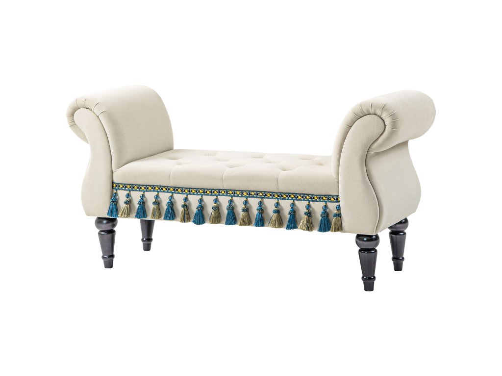 HOMCOM Čalouněná lavice do ložnice s područkou, vintage design v sametovém vzhledu, dřevěné nohy, nosnost 150 kg, 117x40x58 cm, béžová | Aosom.de