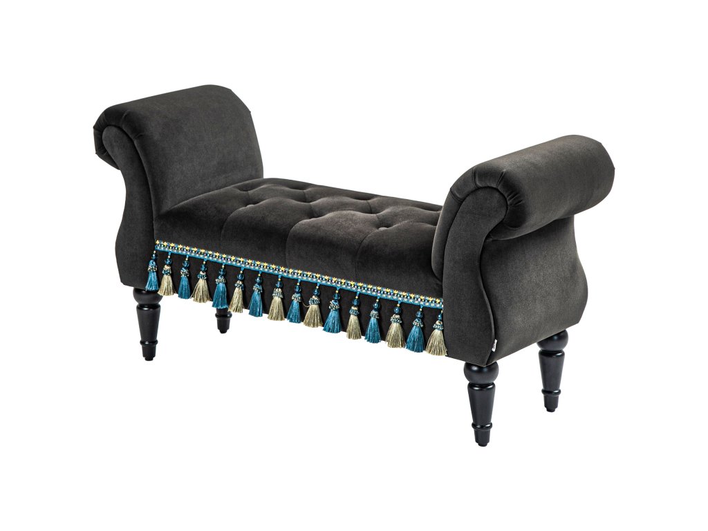 HOMCOM Čalouněná lavice do ložnice, s úložným prostorem, područka, dřevěné nohy, vintage design, sametový vzhled, nosnost 150 kg, 117x4 x58cm, tmavě šedá| Aosom