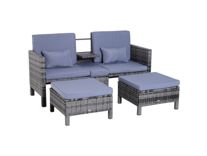 Outsunny 3-dílná zahradní pohovka zahradní nábytek lounge zahradní set sedací skupina krysí nábytek šedý polyratan + kov 2-místná pohovka 2 x polštáře na taburet | Aosom