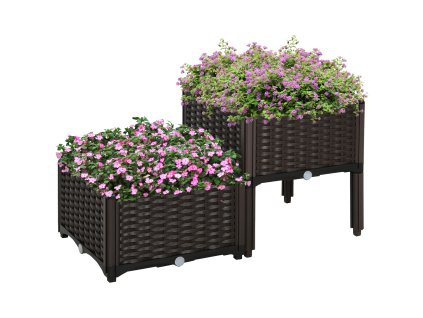 Outsunny vyvýšený dvojitý truhlík na květináče ratanového vzhledu 80x40x44cm s drenážními otvory z PP v hnědé barvě pro zahradní balkon | Aosom.de