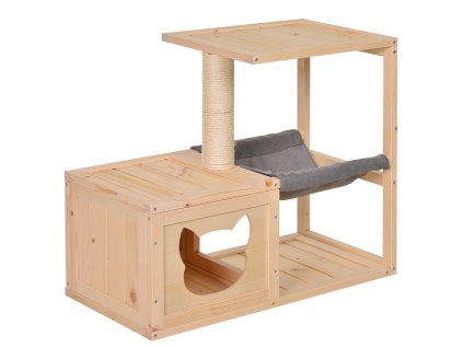 Kočičí domeček PawHut s houpací sítí a sisalovým kmenem, box pro kočky z jedlového dřeva, přírodní 70x35x60cm pro milovníky koček | Aosom.de