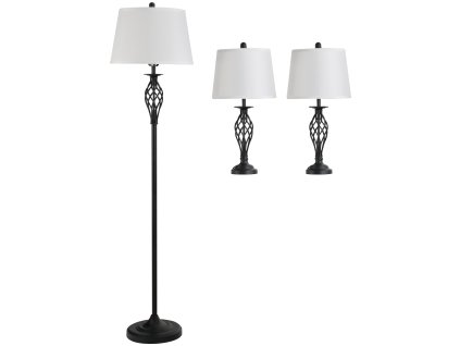 HOMCOM sada 3 lamp 2 stolní lampy 1 stojací lampa vintage černá bílá kovová bavlněná stolní lampa Ø38cm stojací lampa Ø62cm do obývacího pokoje | Aosom.de