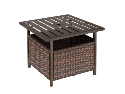 Outsunny ratanový zahradní stolek stolek na terasu stolek s otvorem pro slunečník ideální pro zahradu balkon terasu 55,5 x 55,5 x 46 cm hnědá | Aosom