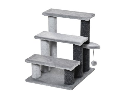 PawHut schodiště pro kočky schodiště pro psy schody pro psy 3 stupně s hracím míčem plyšové šedé 45x40x48cm pro kočky a psy | Aosom.de