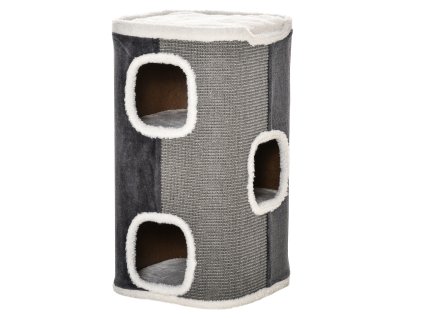 Škrabací strom PawHut pro kočky, 3 úrovně, dřevotříska, sametový polyester, sisal, šedá+bílá, 40x40x74cm| Aosom