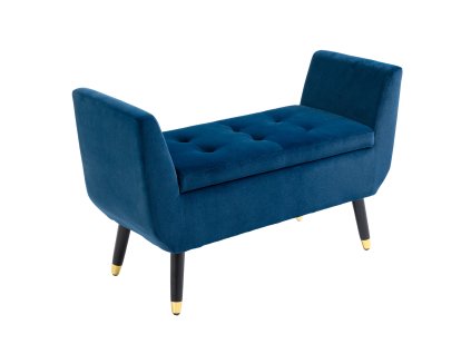 HOMCOM Luxusní lavice s úložným prostorem, čalouněná lavice modrá, ze sametového polyesteru, kaučukové dřevo, s područkami, 107x42x65cm, do obývacího pokoje a předsíně | Aosom.de