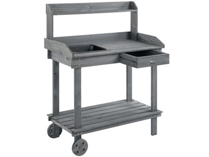 Zahradnický stůl Outsunny se zásuvkou 2 schody dřez kolečka jedlové dřevo šedá 92x45x119cm pro zahradničení a péči o rostliny | Aosom.de