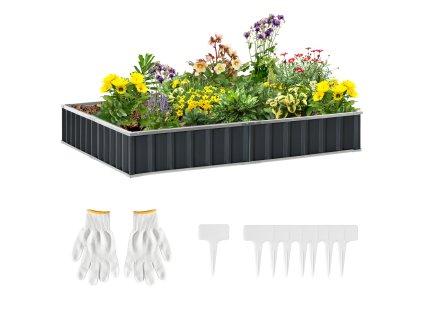Outsunny DIY ocelový vyvýšený zahradní záhon ve tvaru T se štíty na rostliny a rukavicemi, tmavě šedý pro snadné zahradničení | Aosom.de