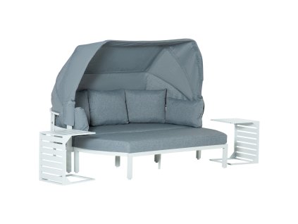 Zahradní nábytek OUTSUNNY pro 5 osob s bočním stolem a stříškou, polštáře z PP plastu a polyesteru, 190/133Š x 81H x 73/62V cm, bílá a šedá | Aosom.de